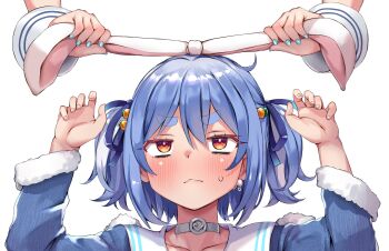 2girls animal_ears atahuta blue_hair blue_jacket blue_nails blue_ribbon blush carrot_hair_ornament choker closed_mouth commentary_request denim denim_jacket food-themed_hair_ornament grabbing_another&#039;s_ear hair_ornament hair_ribbon hand_on_another&#039;s_ear hands_up highres hololive jacket long_sleeves looking_up minato_aqua minato_aqua_(1st_costume) multicolored_hair multiple_girls official_alternate_costume rabbit_ears rabbit_girl ribbon sailor_collar short_eyebrows short_hair simple_background solo_focus streaked_hair sweatdrop thick_eyebrows two_side_up upper_body usada_pekora usada_pekora_(casual) virtual_youtuber white_background white_hair white_sailor_collar white_wrist_cuffs wrist_cuffs