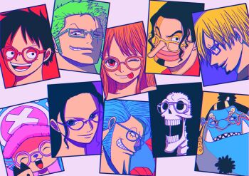 Rule 34 | 2girls, 6+boys, ^ ^, black hair, blonde hair, blue skin, brook (one piece), closed eyes, colored skin, commentary, cross, facial hair, franky (one piece), glasses, goatee, green hair, hat, highres, jinbe (one piece), long hair, long nose, monkey d. luffy, multiple boys, multiple girls, mustache, nacc zkzk79, nami (one piece), nico robin, one eye closed, one piece, roronoa zoro, sanji (one piece), scar, scar on face, short hair, sideburns, sidelocks, skeleton, straw hat pirates, tongue, tongue out, tony tony chopper, tusks, usopp