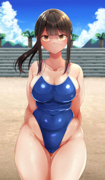 Rule 34 | 1girl, arms behind back, bare arms, bare legs, beach, blue one-piece swimsuit, blue sky, blush, breasts, brown eyes, brown hair, cameltoe, cleavage, closed mouth, collarbone, commentary request, covered navel, cowboy shot, day, emaason, gluteal fold, highleg, highleg one-piece swimsuit, highres, large breasts, long hair, looking at viewer, one-piece swimsuit, original, outdoors, plump, ponytail, school swimsuit, sidelocks, sky, smile, solo, swimsuit, thigh gap, thighs, tree, tummy fold, wide hips