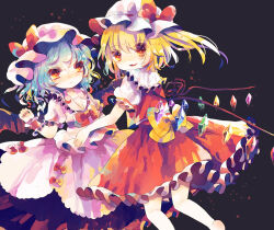 Rule 34 | 2girls, black background, blonde hair, blue hair, comiket 87, crystal wings, dress, flandre scarlet, hat, hat ribbon, hiyuu (hiyualice), looking at viewer, mob cap, multiple girls, pink dress, red dress, red eyes, red ribbon, remilia scarlet, ribbon, siblings, side ponytail, simple background, touhou, twins, wrist cuffs, yellow ribbon