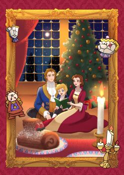 1girl 2boys absurdres alternate_costume beauty_and_the_beast_(disney) belle_(disney) blonde_hair blue_eyes brown_eyes brown_hair chip_(disney) commentary cookie dress english_commentary food highres jewelry long_hair looking_at_viewer moko_eaka multiple_boys necklace prince_adam_(disney) short_hair smile toon_(style)