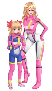 2girls :d armor artist_request blonde_hair blue_eyes bodysuit boots bow brown_hair closed_mouth cosplay frown girlfriend_(kari) gloves gym hair_bow highres multiple_girls open_mouth pink_armor pink_boots pink_gloves purple_bodysuit red_bow red_eyes ryugasaki_juria smile standing tagme thigh_boots white_bodysuit yuuki_nae