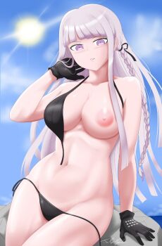 1girl bikini black_bikini black_bow black_gloves black_ribbon blue_sky blunt_bangs blush bow braid braided_ponytail breasts clothing_aside cloud collarbone danganronpa:_trigger_happy_havoc danganronpa_(series) eyelashes female_focus gloves hand_up highres kirigiri_kyoko large_breasts looking_at_viewer looking_down low_angle matching_hair/eyes navel neolink077 nipples open_mouth outdoors partially_undressed public_indecency public_nudity purple_eyes purple_hair ribbon signature sky solo strap_slip studded_gloves sun sunlight swimsuit teeth