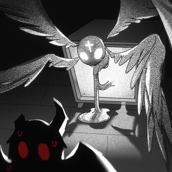 1boy 1other azazel_(the_binding_of_isaac) broken_horn demon_wings dogma_(the_binding_of_isaac) floor horns jing84672940 multiple_wings red_eyes static sweat television the_binding_of_isaac wings