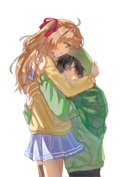1boy 1girl black_hair black_pants black_thighhighs blue_sailor_collar blue_skirt brown_hair cardigan eananaia green_eyes green_hoodie hair_between_eyes hair_ribbon hashtag-only_commentary highres hood hoodie hug long_hair long_sleeves miniskirt neuro-sama pants pleated_skirt red_ribbon ribbon sailor_collar short_hair simple_background single_thighhigh skirt thighhighs two_side_up vedal987 vedal_ai virtual_youtuber white_background yellow_cardigan