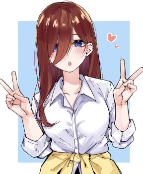 1girl :o absurdres bags_under_eyes blue_eyes blush breasts brown_hair cardigan cardigan_around_waist clothes_around_waist collarbone commentary_request double_v go-toubun_no_hanayome hair_between_eyes hair_over_one_eye heart highres large_breasts looking_at_viewer mame1645 nakano_miku open_collar school_uniform shirt simple_background sleeves_rolled_up solo two-tone_background v white_shirt yellow_cardigan