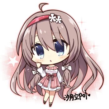 Rule 34 | 1girl, absurdres, ahoge, arm at side, artist name, blue eyes, blush, bow, braid, brown hair, chestnut mouth, chibi, chibi only, clenched hand, commentary request, dress, dress bow, eyes visible through hair, full body, hair between eyes, hair bow, hairband, hand up, heart, highres, looking at viewer, official alternate costume, official alternate hairstyle, open mouth, pink dress, red bow, red hairband, sanoba witch, shiiba tsumugi, simple background, solo, sparkle, standing, twin braids, two-tone dress, white background, white bow, white dress, xi yue kong poi