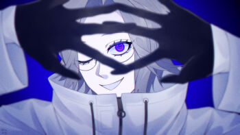 1boy alternate_eye_color aotsuki_eito aquam0n1ca artist_name black_gloves blue_background blue_eyes blurry blurry_foreground commentary drawstring eyelashes film_grain glasses gloves grey_hair grin hand_up highres jacket looking_at_viewer male_focus one_eye_closed ringed_eyes short_hair smile solo the_hundred_line_-last_defense_academy- upper_body white_jacket zipper_pull_tab