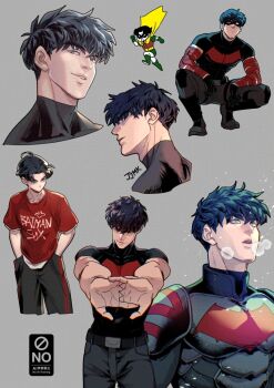 bat_signal batman batman_(series) batman_symbol black_bodysuit black_gloves black_hair blue_eyes bodysuit cape dc_comics domino_mask eye_mask gloves grey_bodysuit jason_todd jjmk-jjmk male_focus mask multicolored_bodysuit multiple_boys muscular muscular_male pants red_hood_(dc) red_hood_and_the_outlaws robin_(dc) short_hair superhero_costume taut_bodysuit two-tone_bodysuit yellow_cape