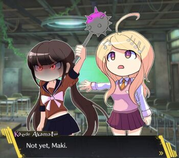 2girls ahoge akamatsu_kaede arm_up black_sailor_collar black_shirt blonde_hair blood bow bowtie brown_hair character_name chibi chibi_only classroom commentary cowboy_shot danganronpa_(series) danganronpa_v3:_killing_harmony english_commentary english_text fortissimo hair_ornament hair_scrunchie harukawa_maki holding holding_weapon indoors long_hair long_sleeves low_twintails miniskirt multiple_girls musical_note musical_note_hair_ornament pink_blood pink_sweater_vest pleated_skirt red_scrunchie red_shirt red_skirt sailor_collar scrunchie shirt skirt soshu_(soshuscribbles) sweater_vest twintails user_interface weapon white_bow white_bowtie white_shirt