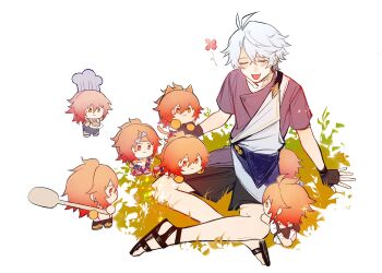 Rule 34 | 1boy, antenna hair, black gloves, blush, character doll, chinese commentary, closed eyes, commentary request, doll, fingerless gloves, fsh887624596321, gloves, grey shirt, grey shorts, hadanugi dousa, highres, honkai: star rail, honkai (series), male focus, mini person, miniboy, mydei (honkai: star rail), neck tattoo, open kimono, parted bangs, phainon (a dream scented in wheat) (honkai: star rail), phainon (honkai: star rail), shirt, short hair, shorts, sitting, sun symbol, sun tattoo, tan, tattoo, white hair