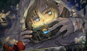 1boy apple bandaged_hand bandages blonde_hair blurry blurry_foreground commentary_request earrings food fruit hair_between_eyes holding hood hood_up jewelry link looking_at_object lying male_focus nintendo on_stomach outdoors plant pointy_ears solo sword the_legend_of_zelda the_legend_of_zelda:_tears_of_the_kingdom upper_body weapon yamiochirink