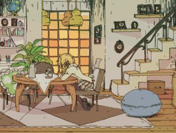 1girl absurdly_detailed_composition animated animated_gif argyle bean_bag_chair black_pantyhose blinking blonde_hair bookshelf bottle box brown_shoes cardboard_box chair chandelier coffee_pot commentary cup drill_hair elbow_rest english_text facing_away frilled_pillow frills from_side gaulllimaufry gif_artifacts glass globe indoors loaded_interior loafers long_sleeves lowres mahou_shoujo_madoka_magica mahou_shoujo_madoka_magica_(anime) mitakihara_school_uniform pantyhose pen_holder perfume_bottle picture_frame pillow plaid_clothes plaid_skirt plant pleated_skirt potted_plant railing room rug school_uniform shelf shoes sitting skirt solo stairs table teacup tomoe_mami twin_drills window wooden_floor