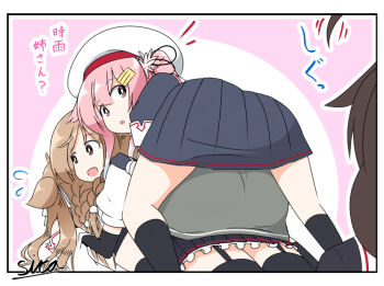 3girls all_fours arm_warmers ass black_serafuku black_skirt black_thighhighs braid brown_hair commentary_request dogpile garter_straps grey_skirt harusame_(kancolle) harusame_kai_ni_(kancolle) hat kantai_collection looking_back minegumo_(kancolle) multiple_girls murasame_(kancolle) murasame_kai_ni_(kancolle) pink_hair school_uniform serafuku shigure_(kancolle) single_braid sira skirt thighhighs twin_braids white_hat