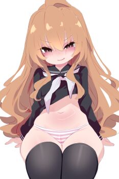 1girl aisaka_taiga belly black_thighhighs blush brown_hair female_focus highres kukuchi581 kyojiri_loli loli looking_at_viewer navel panties school_uniform simple_background sitting smile solo stomach striped_clothes striped_panties thighhighs thighs toradora! underwear white_background