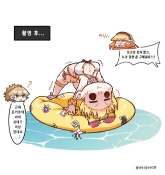 1boy 2girls ? arched_back bikini blonde_hair bow don_quixote_(project_moon) flower hair_bow headband ishmael_(project_moon) jeehyung_seo korean_text limbus_company multiple_girls ocean orange_hair pool_float project_moon rope short_hair sinclair_(project_moon) speech_bubble sunglasses swimsuit twitter_username white_bikini yellow_bikini yellow_eyes