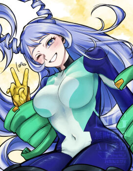 1girl absurdres blue_bodysuit blue_eyes blue_hair blush bodysuit boku_no_hero_academia bqchi_8 breasts clover_background drill_hair gloves green_bodysuit hado_nejire hair_horns highres large_breasts long_hair looking_at_viewer one_eye_closed smile superhero_costume twin_drills v very_long_hair yellow_background yellow_gloves
