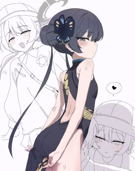 1girl ass bare_shoulders black_hair blue_archive blush bug butterfly butterfly_hair_ornament china_dress chinese_clothes dragon_print dress grey_halo hair_bun hair_ornament halo hat heart highres insect kindergarten_uniform kisaki_(blue_archive) kisaki_(kindergarten_uniform)_(blue_archive) long_hair multiple_views school_hat sensei_(blue_archive) spoken_heart yamanonba