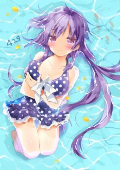 1girl absurdres arms_under_breasts asahina_yori barefoot blue_one-piece_swimsuit blush bow bow_swimsuit breasts closed_mouth collarbone commentary_request crossed_arms dutch_angle eyes_visible_through_hair frilled_one-piece_swimsuit frills from_above full_body hair_between_eyes hair_spread_out highres knees_up large_breasts long_hair low_ponytail lying mizuori_shizuku number_pun official_alternate_costume on_back one-piece_swimsuit pink_eyes polka_dot_one-piece_swimsuit ponytail purple_hair sidelocks smile solo summer_pockets swimsuit thigh_gap thighs very_long_hair water white_bow