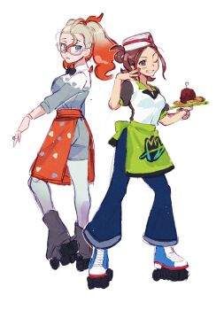2girls apron blue_eyes brown_eyes brown_hair croissant curry food full_body glasses green_apron grey_hair griselle_(pokemon) harmony_(pokemon) hat highres holding holding_plate looking_at_viewer multicolored_hair multiple_girls nintendo one_eye_closed pants plate pokemon pokemon_legends:_z-a red_apron red_hair roller_skates shirt skates smile soneor twintails two-tone_hair waitress white-framed_eyewear white_background white_hat