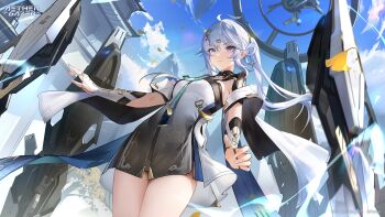 1girl aether_gazer ahoge artist_request black_dress blue_sky breasts character_request closed_mouth cloud copyright_name copyright_notice dress from_below gradient_clothes gradient_dress grey_eyes grey_hair hair_ornament highres long_hair official_art purple_eyes second-party_source sky solo tassel