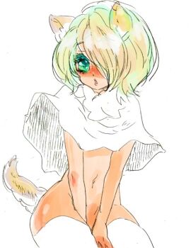 Rule 34 | 1boy, :o, androgynous, animal ear fluff, animal ears, aqua eyes, ash crimson, between legs, blonde hair, blush, bottomless, cape, capelet, chestnut mouth, cloak, colored eyelashes, covering crotch, covering privates, dog boy, dog ears, dog tail, embarrassed, eyelashes, feminine, freckles, gradient hair, graphite (medium), green eyes, groin, hair over one eye, hands between legs, kemonomimi mode, komatsuna (artist), looking to the side, male focus, marker (medium), multicolored hair, naked cape, navel, no panties, nude, oekaki, one eye covered, open mouth, original, photoshop (medium), poncho, shawl, short hair, simple background, sitting, sketch, solo, tail, the king of fighters, thighhighs, traditional media, trap, upper body, v arms, white background, white capelet, white thighhighs, wide hips