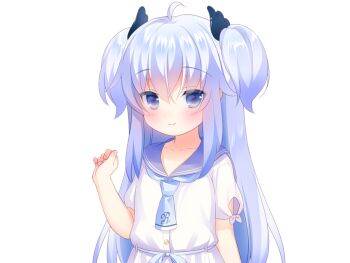 1girl ahoge blue_eyes blue_hair blue_necktie blue_sailor_collar blush buttons closed_mouth game_cg hair_between_eyes hand_up harem_futago_lolita large_variant_set long_hair looking_at_viewer necktie non-web_source pleated_skirt sailor_collar school_uniform serafuku shirt short_sleeves sidelocks simple_background skirt smile solo sunao_(harem_futago_lolita) tachi-e transparent_background two_side_up usashiro_mani variant_set white_shirt white_skirt