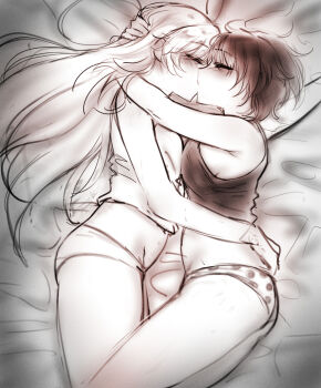 2girls arms_behind_back bed black_hair blonde_hair blush breasts closed_eyes female_focus highres kiss long_hair monochrome multiple_girls ndgd panties polka_dot polka_dot_panties ruby_rose rwby sideboob underwear weiss_schnee white_panties yuri