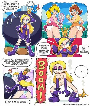 3girls annoyed ass ball blonde_hair blue_eyes bob-omb bomb brooch brown_hair comic crown earrings explosive eyeshadow flower_earrings gloves grin humiliation jewelry legs long_hair looking_at_another makeup mario_(series) mario_power_tennis mario_tennis mini_crown multiple_girls nintendo nipples nude panties ponytail princess_daisy princess_peach pussy racket shenanimation shiny_skin skirt smile speech_bubble standing surprised talking tennis_ball tennis_net tennis_racket underwear upskirt warupeach white_panties