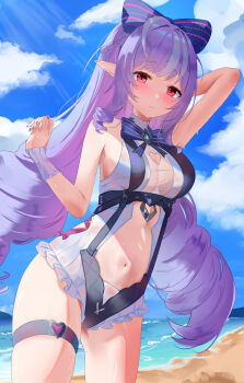 1girl absurdres arm_up beach blue_sky bow breasts cleavage cleavage_cutout clothing_cutout cloud commentary_request hair_between_eyes hair_bow highres hiku_rai long_hair looking_at_viewer medium_breasts mole mole_under_eye navel official_alternate_costume official_alternate_hairstyle one-piece_swimsuit open_mouth purple_hair red_eyes sitting sky solo stomach swimsuit thigh_strap vivian_banshee vivian_banshee_(iris_of_the_shore) wet white_one-piece_swimsuit zenless_zone_zero