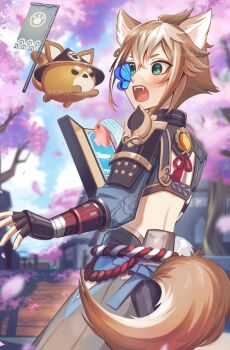 1boy animal_ears aqua_eyes architecture arm_guards armor artist_name back bandaged_arm bandages black_gloves blue_butterfly blue_sky blurry blurry_background blush book brown_hair bug building butterfly butterfly_on_nose cherry_blossoms clothing_cutout cloud commentary_request day dog_boy dog_ears dog_tail east_asian_architecture eyeshadow falling_petals fangs fingerless_gloves fish flag genshin_impact gloves gorou_(genshin_impact) grey_pants hair_between_eyes highres hip_vent holding holding_book holding_flag igote insect japanese_armor japanese_clothes kouhaku_nawa long_sleeves looking_to_the_side makeup male_focus multicolored_hair narahazime open_book open_mouth outdoors pants petals red_eyeshadow red_ribbon ribbon rope shimenawa short_eyebrows short_hair shoulder_armor sidelocks single_sode sky sode solo streaked_hair tail tassel teeth tree twitter_username upper_teeth_only v-shaped_eyebrows vision_(genshin_impact) white_hair