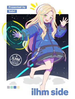 1girl :d android bare_legs barefoot blonde_hair blue_coat blush border coat color_guide commentary diana_(pragmata) english_text full_body green_eyes hand_up highres ilhm_side long_hair long_sleeves looking_at_viewer open_mouth padded_coat pragmata puffy_coat puffy_long_sleeves puffy_sleeves smile solo standing standing_on_one_leg teeth upper_teeth_only very_long_hair white_border