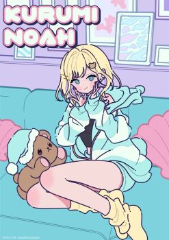 1girl :t bear_hair_ornament blonde_hair blue_eyes blue_hat blue_shorts blush character_name closed_mouth commentary_request couch earrings fur-trimmed_headwear fur_trim hair_ornament hands_up hat hood hood_down hooded_jacket indoors iris_black_games jacket jewelry kurumi_noah long_sleeves looking_at_viewer multicolored_hair neki_(wakiko) nightcap no_shoes on_couch puffy_long_sleeves puffy_sleeves purple_hair shorts sleeves_past_wrists socks solo striped_clothes striped_jacket stud_earrings two-tone_hair virtual_youtuber vspo! yellow_socks