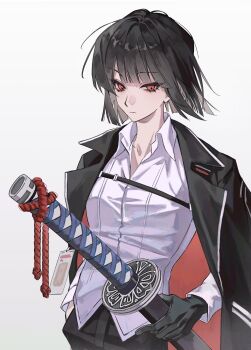 1girl black_gloves black_hair black_jacket black_pants blunt_bangs closed_mouth commentary cowboy_shot expressionless gloves hand_in_pocket hashtag-only_commentary highres id_card jacket jacket_on_shoulders katana limbus_company long_sleeves looking_at_viewer pants project_moon red_eyes red_rope rope ryoshu_(project_moon) sheath sheathed shirt short_hair simple_background solo sword weapon white_background white_shirt wing_collar zuosha