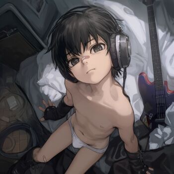 1boy ai-generated bandaid bandaid_on_face bandaid_on_nose black_hair guitar headphones indoors instrument looking_up male_focus navel nipples original san_zyuni_pero shota solo underwear