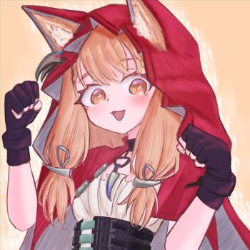 Rule 34 | 1girl, :d, absurdres, animal ears, arknights, arknights: endfield, black gloves, blonde hair, blush, bright pupils, cape, chinese commentary, commentary request, diamond-shaped pupils, diamond (shape), ears through hood, fang, fingerless gloves, gloves, hands up, highres, hood, hood up, hooded cape, hoodie, long hair, looking at viewer, mixed-language commentary, mrjjcube, open mouth, partial commentary, paw pose, red cape, red hoodie, rossi (arknights), skin fang, smile, solo, symbol-shaped pupils, upper body, white pupils, yellow background, yellow eyes