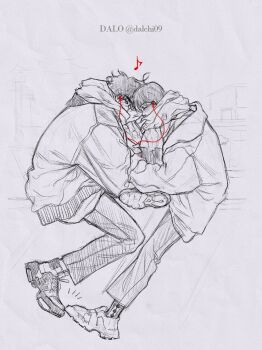 Rule 34 | 2boys, ahoge, alternate costume, clothes grab, commentary, covered mouth, dalchi09, earbuds, earphones, english commentary, figure four sitting, forehead-to-forehead, full body, greyscale, hatching (texture), heads together, holding, holding phone, hood, hood down, jacket, kim dokja, looking at another, male focus, monochrome, motion lines, multiple boys, musical note, neckwear grab, omniscient reader's viewpoint, outdoors, phone, scarf, scarf grab, sharing, shoes, sitting, sneakers, spot color, yoo joonghyuk