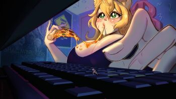 1boy 1girl 2022 animal_ears blonde_hair blurry blush breasts cat_ears chair cleavage close-up commentary computer_keyboard depth_of_field eating english_commentary facial_mark final_fantasy final_fantasy_xiv food food_on_body food_on_breasts foreshortening giant giantess green_eyes hair_between_eyes highres holding holding_food huge_breasts indoors looking_ahead mini_person miniboy monitor nose_blush office_chair onkinky original pizza pizza_slice playing_games poster_(object) puckered_lips saliva sitting square_enix stuck_in_object swivel_chair tareme upper_body