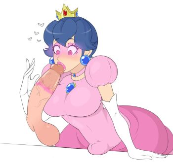 2boys alternate_costume blue_hair breast_padding breasts bulge cosplay crossdressing crossdressing_(mtf) fellatio fire_emblem fire_emblem:_mystery_of_the_emblem highres hypnosis large_breasts lipstick_ring mario_(series) marth_(fire_emblem) mind_control multiple_boys nintendo oral pink_lips princess_peach princess_peach_(cosplay) sealguy solo_focus white_background yaoi