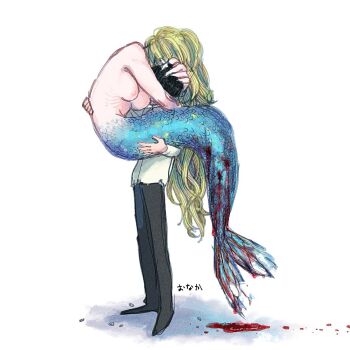 1boy 1girl black_hair bleeding blonde_hair blood breasts carrying claws clothed_male_nude_female commentary_request full_body hug injury long_hair medium_breasts mermaid monster_girl nude original princess_carry short_hair simple_background sukuyo_onaka very_long_hair white_background