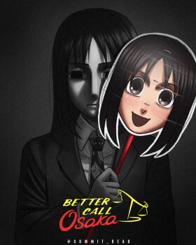 Rule 34 | 1girl, azumanga daiou, better call saul, black jacket, breaking bad, brown eyes, brown hair, collared shirt, commit dead, cosplay, empty eyes, formal clothes, jacket, kasuga ayumu, looking at viewer, medium hair, necktie, partially colored, shaded face, shirt, suit