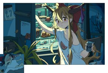 2girls acorn alcohol apple asahi_breweries beer beer_can calendar_(object) can chair cola commentary contemporary drink_can food fruit guozimiao hakurei_reimu highres ibuki_suika loose_clothes loose_shirt messy_hair messy_sleeper multiple_girls night off_shoulder oni onigiri plant potted_plant refrigerator refrigerator_interior shirt sleeping sneaking spill t-shirt touhou tree watermelon