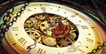 1girl analog_clock astral_dress black_hair chain chinese_commentary clock commentary_request date_a_live dress gears gothic_lolita gun gun_to_head hairband highres holding holding_gun holding_weapon hoxi_(user_wsax3424) lolita_fashion orange_dress red_dress red_hairband roman_numeral shadow solo standing tokisaki_kurumi twintails weapon wide_shot