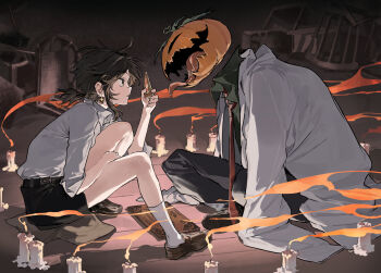 Rule 34 | 1boy, 1girl, ahoge, black pants, black skirt, brown eyes, brown shoes, candlelight, coat, collared shirt, disembodied head, highres, holding, looking at another, original, ouija, pants, parted lips, ponytail, pumpkin, pumpkin head, seeshin see, shirt, shoes, short ponytail, sidelocks, sitting, skirt, socks, thighs, tongue, tongue out, white coat, white shirt, white socks