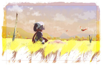 1girl akari_(pokemon) black_hair border bug chansey flying galaxy_expedition_team_survey_corps_uniform gen_1_pokemon gen_2_pokemon grass grey_eyes grey_sky headscarf isutai long_hair looking_at_another looking_at_viewer nintendo outdoors pokemon pokemon_(creature) pokemon_legends:_arceus ponytail red_scarf scarf sidelocks sky standing tall_grass upper_body white_border white_headscarf yanma