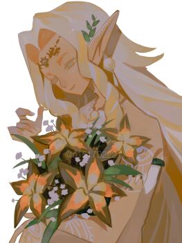 1girl a15179222 arm_markings bags_under_eyes blonde_hair bouquet closed_mouth commentary_request dress earrings facial_mark flower green_eyes highres holding holding_bouquet jewelry light_smile long_hair magatama magatama_necklace necklace nintendo parted_bangs pointy_ears sidelocks solo sonia_(zelda) strapless strapless_dress sundelion the_legend_of_zelda the_legend_of_zelda:_tears_of_the_kingdom upper_body white_background white_dress white_nails yellow_flower