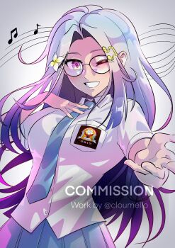 1girl blue_hair blue_necktie blue_skirt breast_pocket breasts cloumello commentary commission cowboy_shot english_commentary flower fortissimo glasses gradient_hair hair_flower hair_ornament hand_on_own_chest hand_up highres long_hair looking_at_viewer medium_breasts multicolored_hair musical_note musical_note_hair_ornament necktie one_eye_closed original parted_bangs pocket purple_eyes purple_hair shirt skirt smile solo watermark white_shirt