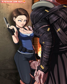 1boy 1girl blue_eyes blue_shirt breasts brown_hair censored cleavage commentary english_commentary gun handgun highres holding holding_gun holding_weapon jill_valentine mosaic_censoring nemesis_(resident_evil) pants parted_lips patreon_username penis reit resident_evil resident_evil_3:_nemesis resident_evil_3_(remake) shirt smile tentacles weapon