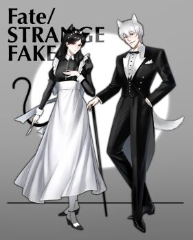 1boy 1girl absurdres alternate_costume animal_ears apron black_dress bow bowtie cat_ears cat_girl cat_tail chinese_commentary commentary_request dog_boy dog_ears dog_tail dress enmaided fangs fate/strange_fake fate_(series) frilled_apron frills full_body grey_background hairband hand_in_pocket hand_on_cane highres holding holding_knife jacket jester_karture juliet_sleeves kemonomimi_mode knife long_sleeves looking_at_viewer maid maid_apron no_name_assassin_(fate) open_mouth pants puffy_sleeves red_eyes roumeiaogu shirt shoes short_hair smile spotlight standing tail waist_apron white_apron white_hair