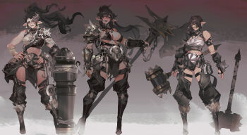 3girls black_boots black_hair boots breasts contrapposto fur-trimmed_boots fur_trim hammer hands_on_own_hips highres holding holding_hammer large_breasts long_hair mask_over_one_eye midriff multiple_girls open_mouth original pelvic_curtain pointy_ears smjim1986 teeth upper_teeth_only very_long_hair war_hammer weapon